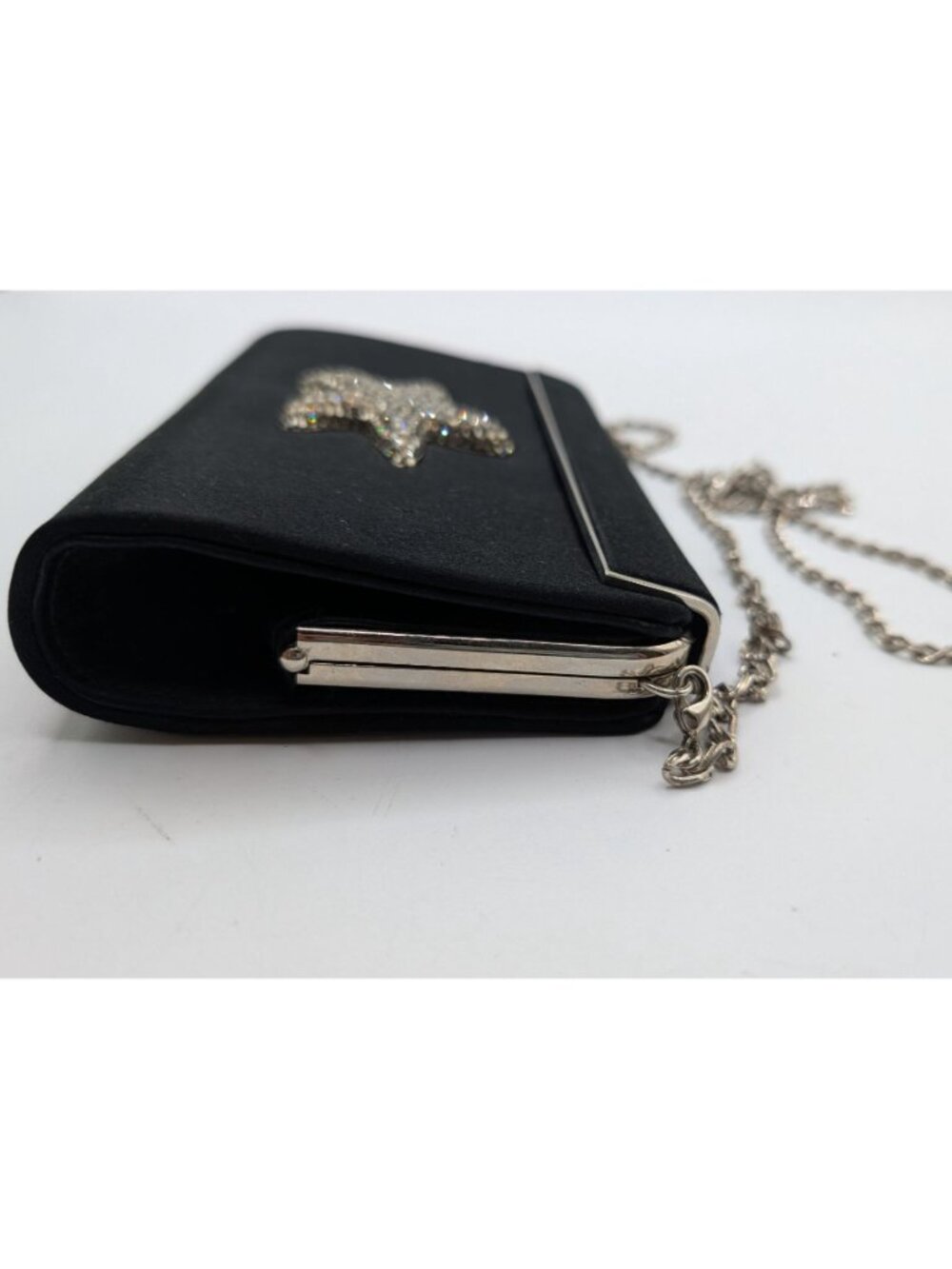 Eliza Gray Starfish Crystal Embellished Black Satin Evening Bag W Silver Chain - Picture 9 of 15